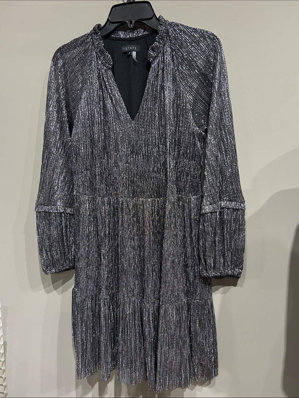 STATE Black-Silver Metallic Long Sleeve Tiered Dress